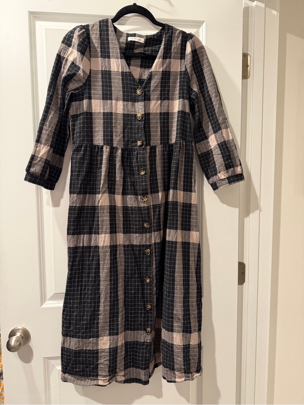 Black and Cream Plaid Button-Front Dress